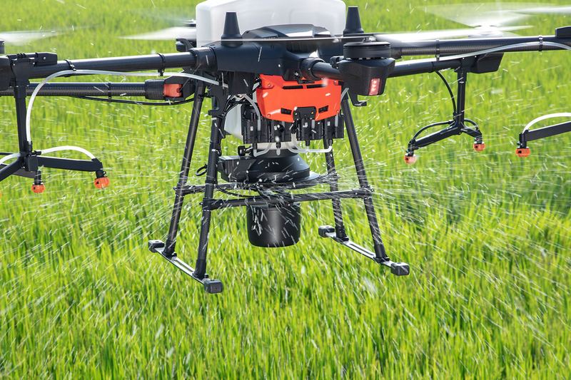 Close view of a multi rotor agricultural spray drone flying just above green crops